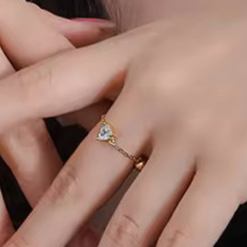 Zircon Heart Link Chain Adjustable Ring. 925 Sterling Silver. #1091